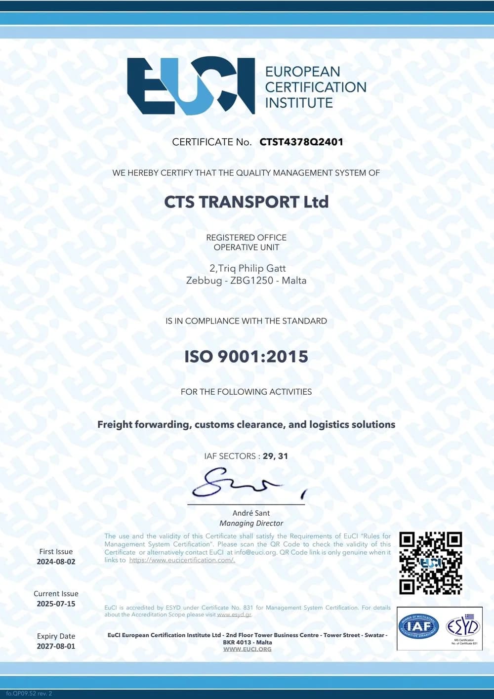 CTS Transport ISO 9001:2015 Certificate from EuCI